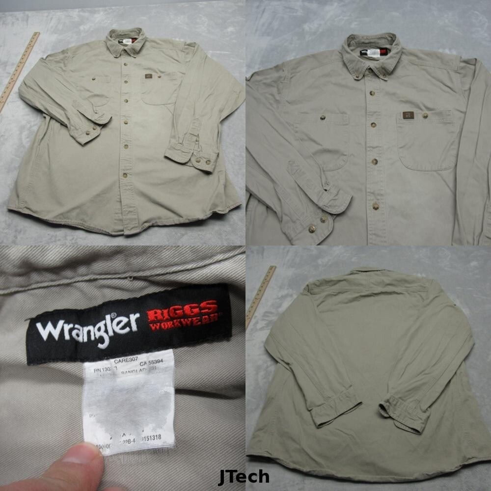 Wrangler RIGGS Workwear Shirt Men XL Beige Midweight Canvas Durable Long Sleeve